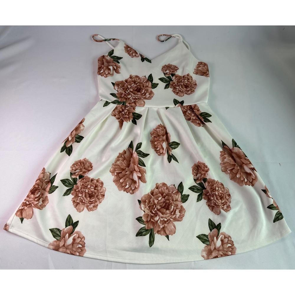 Monteau Los Angeles Dress Women L White Brown Floral Fit & Flare Spaghetti Strap